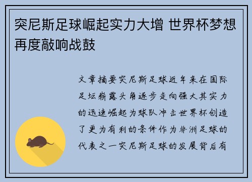 突尼斯足球崛起实力大增 世界杯梦想再度敲响战鼓