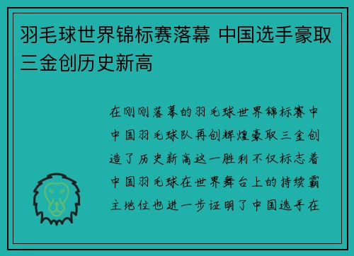 羽毛球世界锦标赛落幕 中国选手豪取三金创历史新高