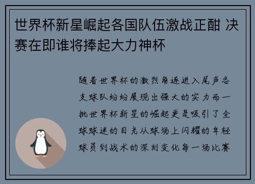世界杯新星崛起各国队伍激战正酣 决赛在即谁将捧起大力神杯